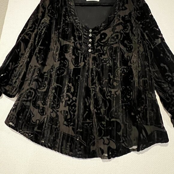 Black Burnout Velvet Peasant Top Floral Semi Sheer Fairy Whimsey Goth Size L - Picture 4 of 11